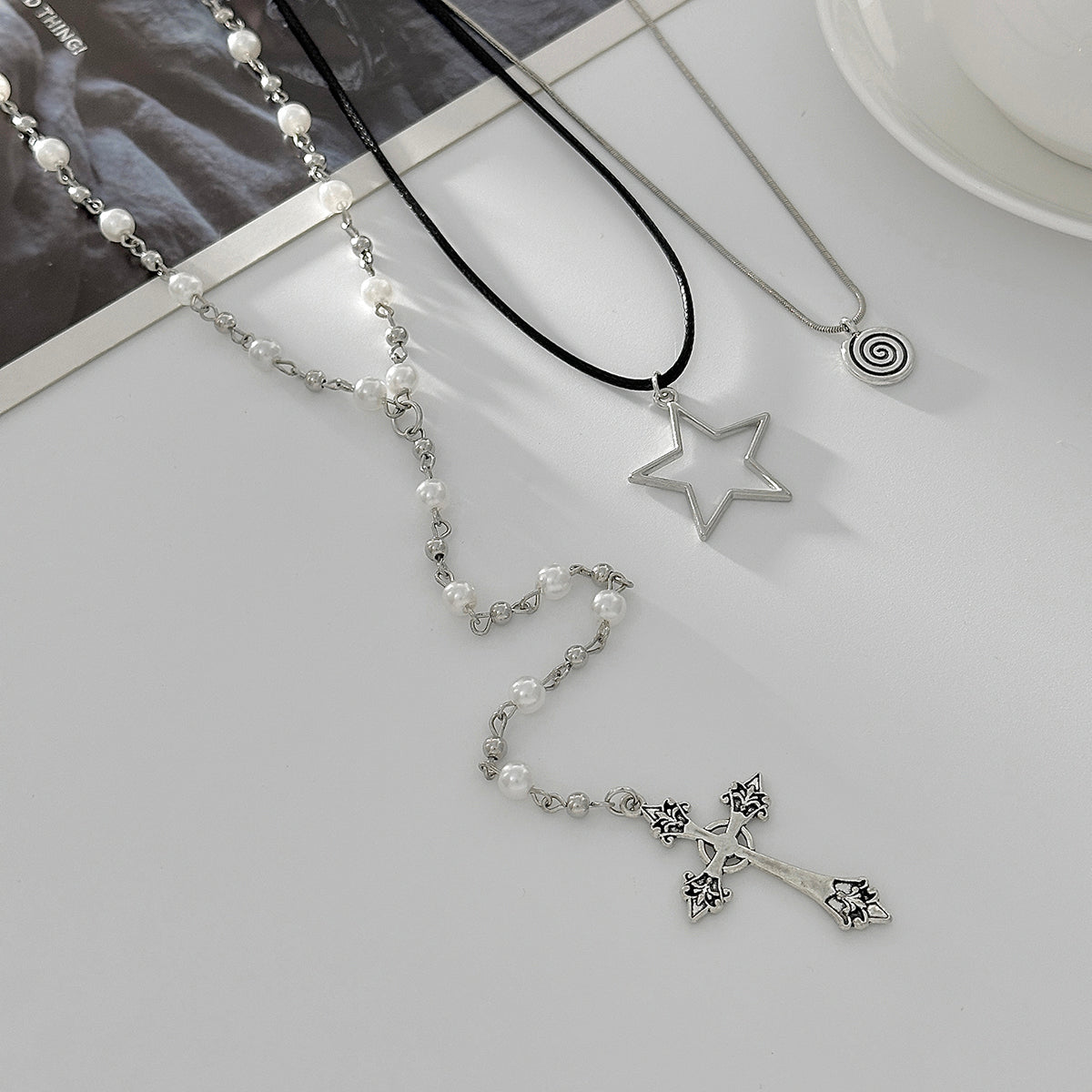 Black Polyster & Enamel Pearl Silvertone Star Cross Drop Necklace Set