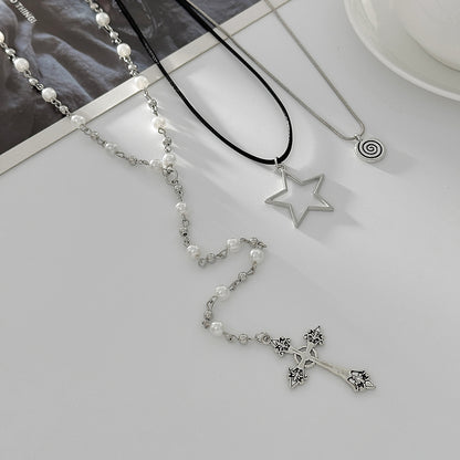 Black Polyster & Enamel Pearl Silvertone Star Cross Drop Necklace Set