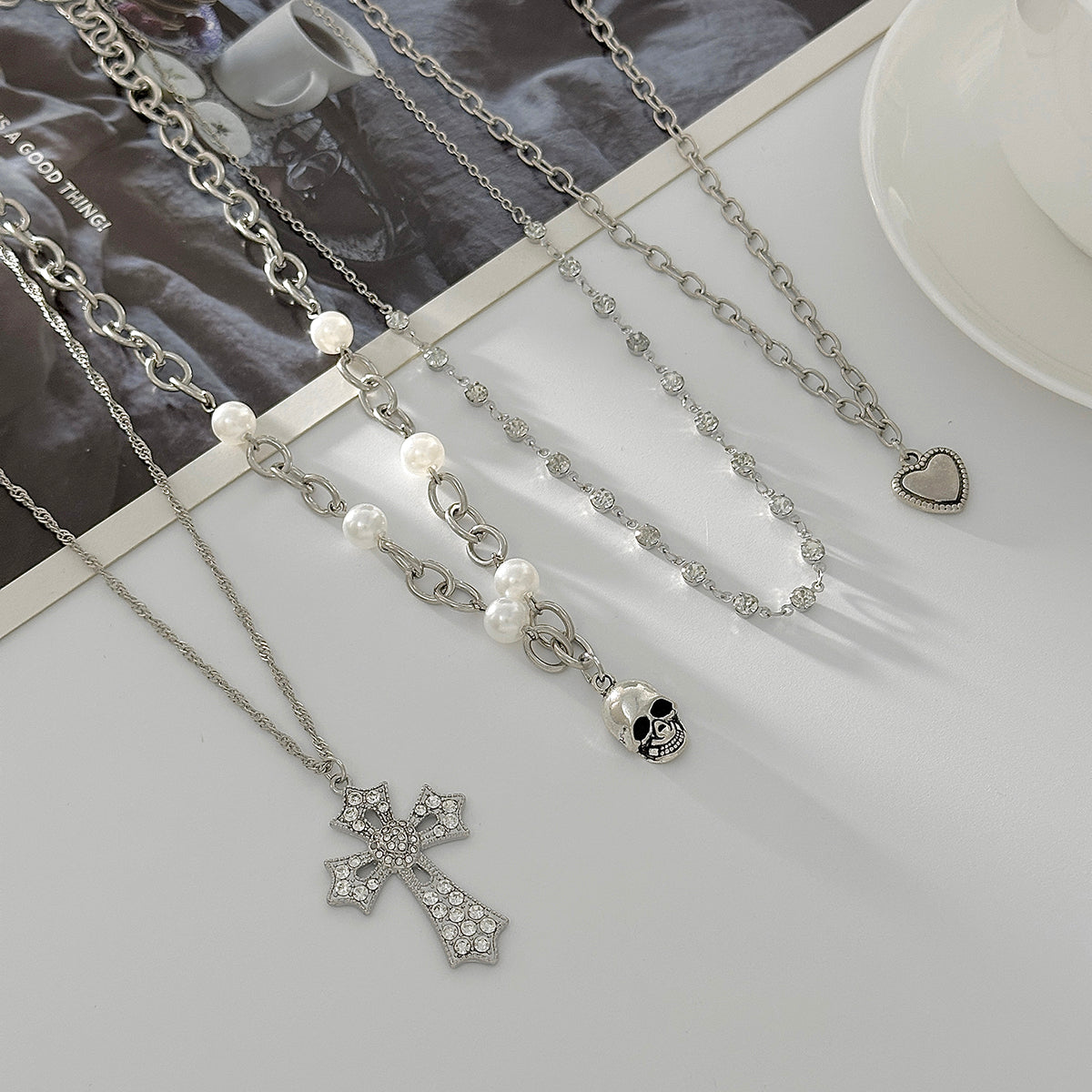 Pearl & Cubic Zirconia Enamel Silvertone Heart Skull Cross Pendant Necklace Set