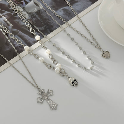 Pearl & Cubic Zirconia Enamel Silvertone Heart Skull Cross Pendant Necklace Set