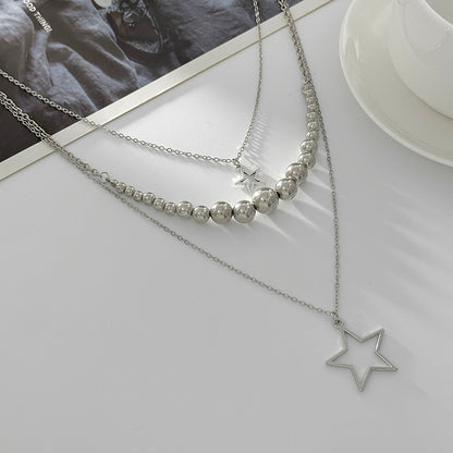 Silvertone Graduated Beaded Chain Open Star Pendant Layered Necklace, elegant gift for her, side view