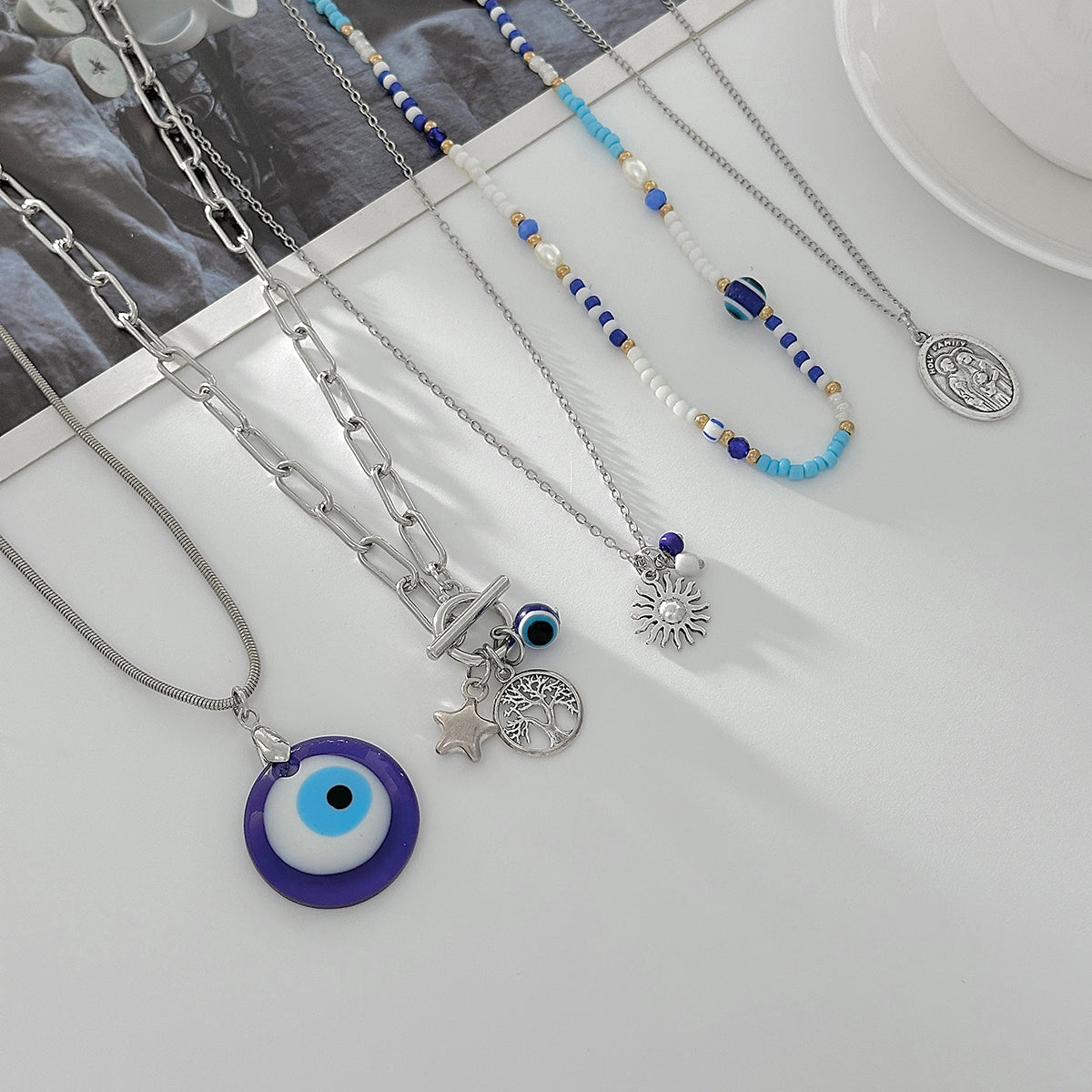 Blue Acylic & Howlite Silvertone Celestial Eye Pendant Necklace Set