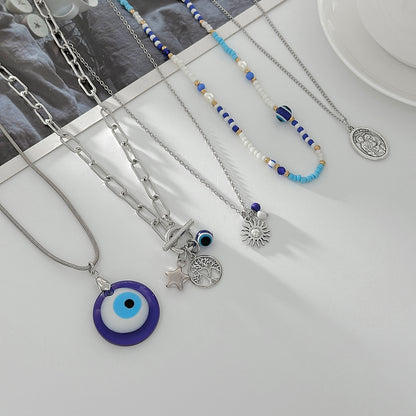Blue Acylic & Howlite Silvertone Celestial Eye Pendant Necklace Set