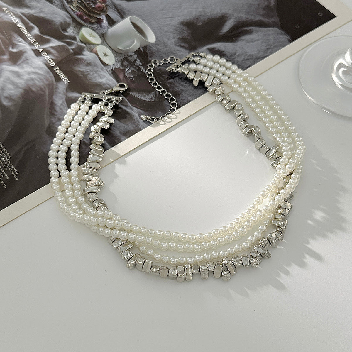 Pearl and Silvertone Irregular Beads Interlocked Layered Necklace, elegant gift for her, side view