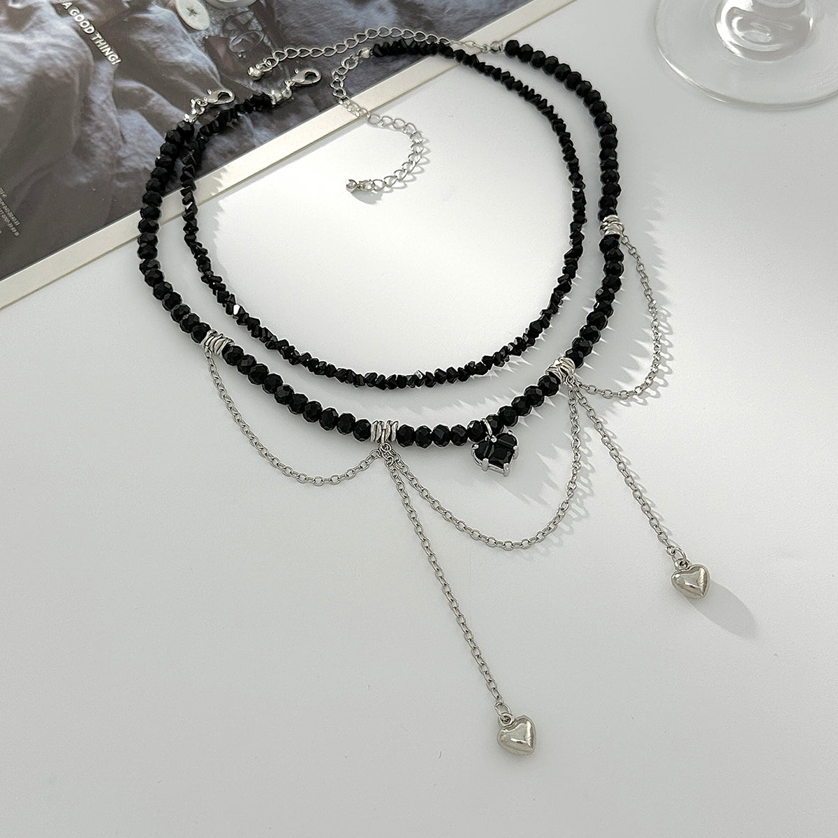 Black Crystal & Acrylic Silvertone Heart Pendant Tassel Necklace Set