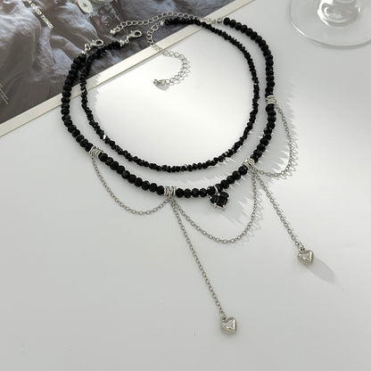 Black Crystal & Acrylic Silvertone Heart Pendant Tassel Necklace Set