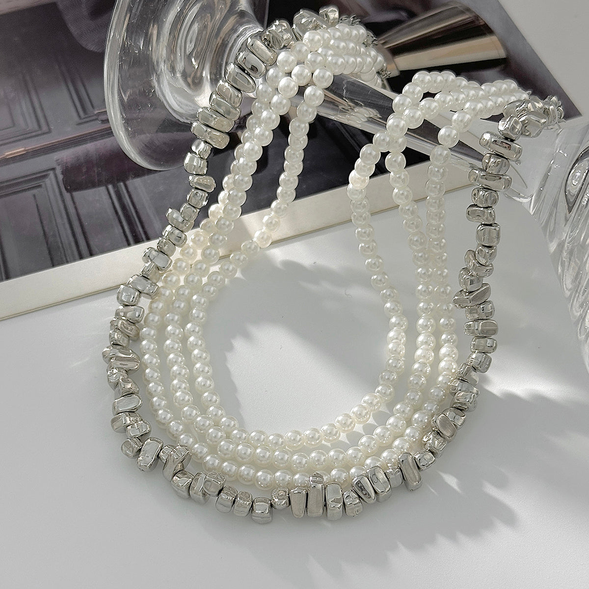 Pearl and Silvertone Irregular Beads Interlocked Layered Necklace, elegant gift for her, detail close-up