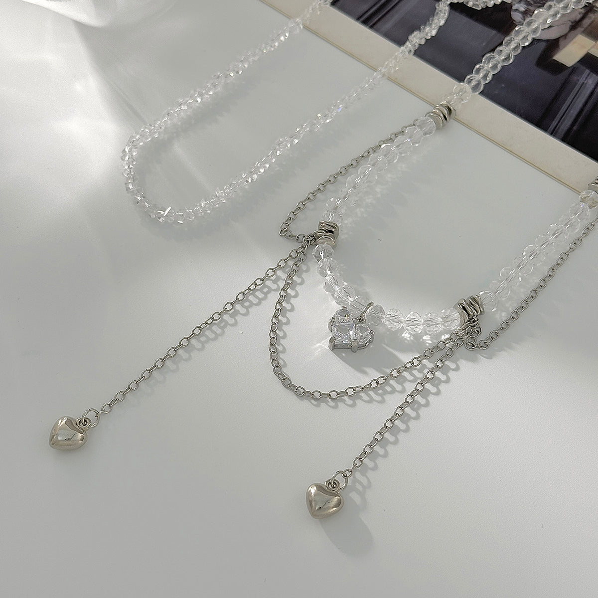 Clear Crystal & Acrylic Silvertone Heart Pendant Tassel Necklace Set