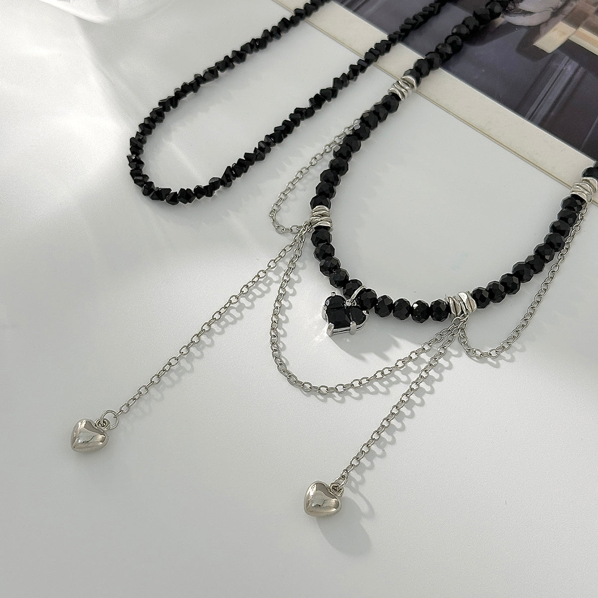 Black Crystal & Acrylic Silvertone Heart Pendant Tassel Necklace Set