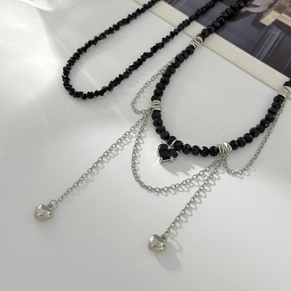 Black Crystal & Acrylic Silvertone Heart Pendant Tassel Necklace Set