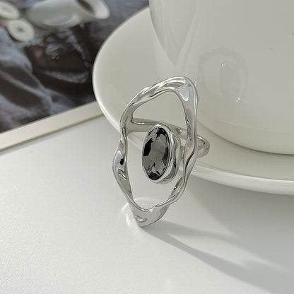 Gray Crystal and Silvertone Open Eye Ring, botanical inspired, side view