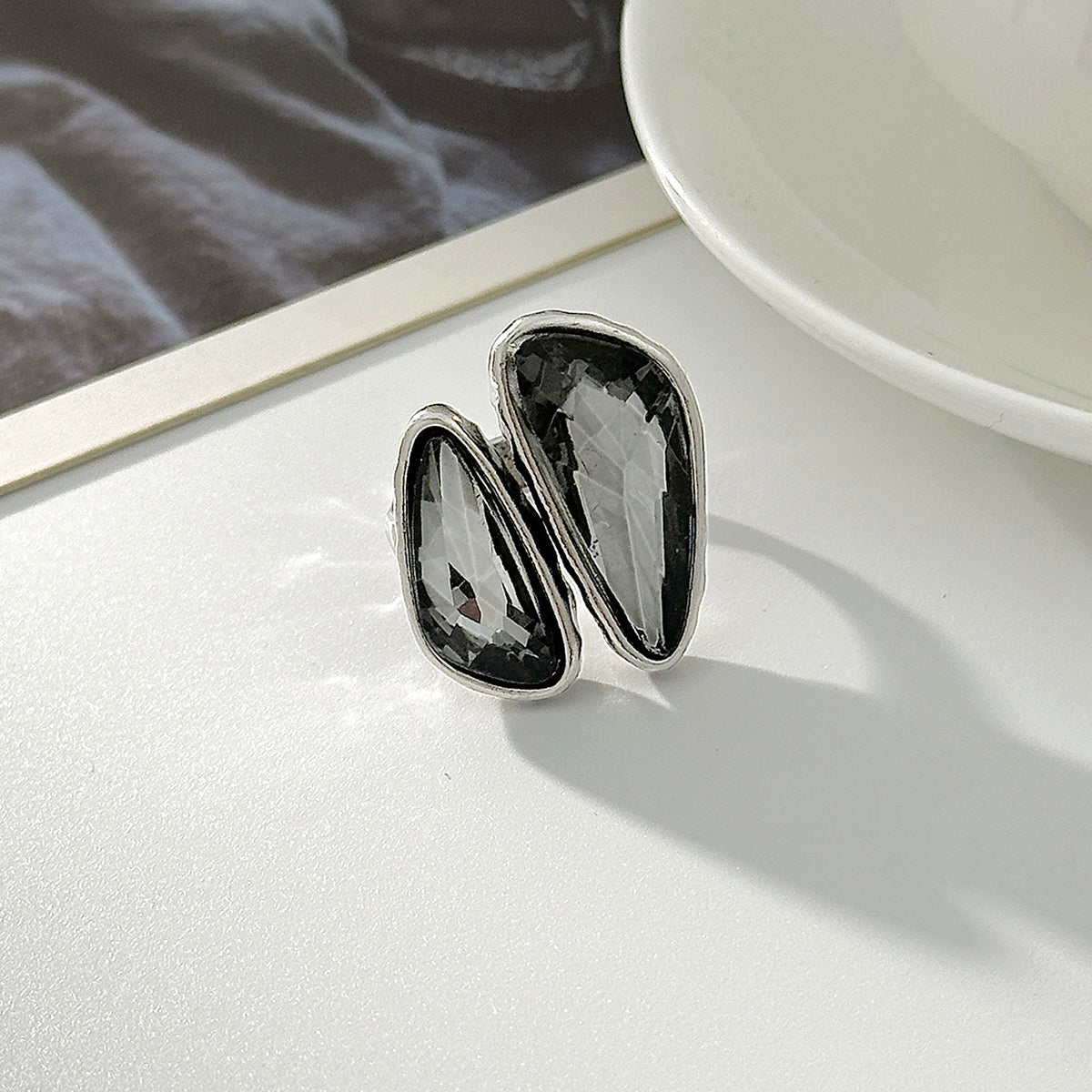 Gray Crystal and Silvertone Dual-Drop Bypass Ring, dainty minimalist design, side view
