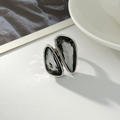 Gray Crystal and Silvertone Dual-Drop Bypass Ring, dainty minimalist design, side view