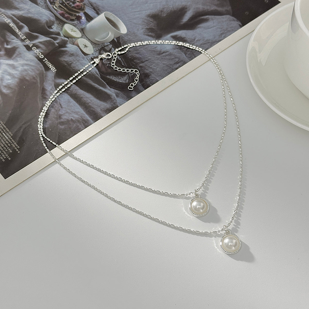 Pearl and Silvertone Shell Pendant Layered Necklace, everyday style, side view