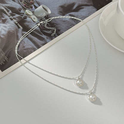 Pearl and Silvertone Shell Pendant Layered Necklace, everyday style, side view