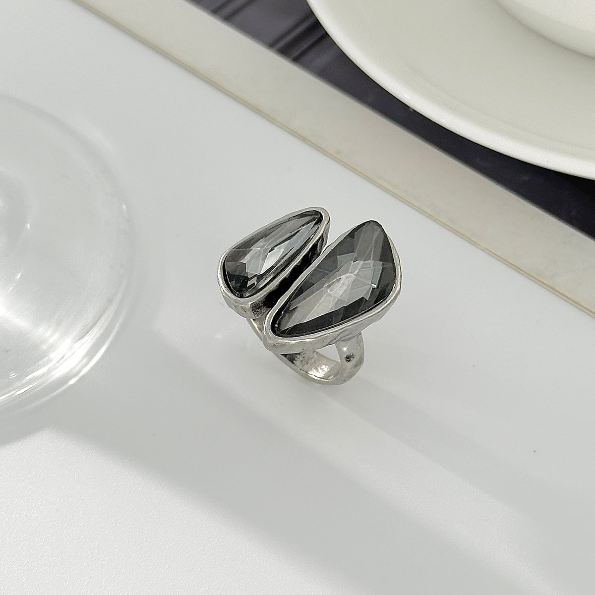Gray Crystal and Silvertone Dual-Drop Bypass Ring, dainty minimalist design, detail close-up