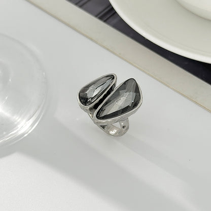 Gray Crystal and Silvertone Dual-Drop Bypass Ring, dainty minimalist design, detail close-up