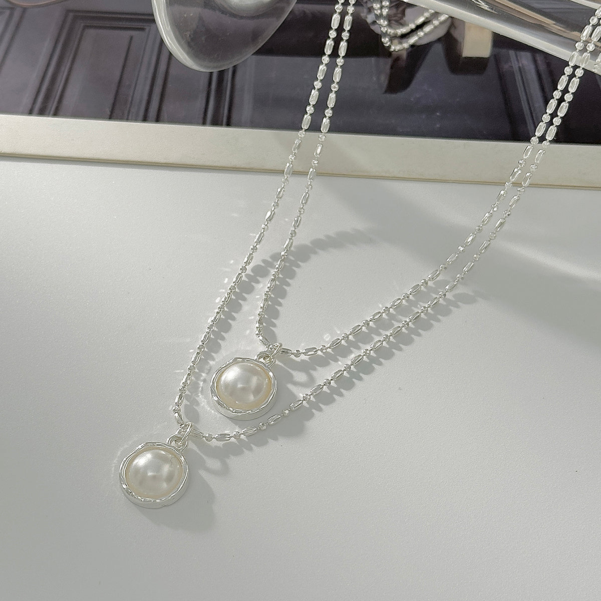 Pearl and Silvertone Shell Pendant Layered Necklace, everyday style, detail close-up