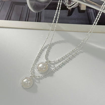 Pearl and Silvertone Shell Pendant Layered Necklace, everyday style, detail close-up