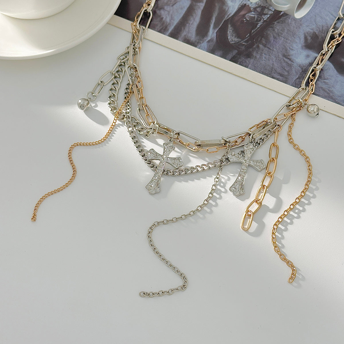 Two Tone Cross Pendant Layered Tassel Necklace, vintage-inspired design, detail close-up
