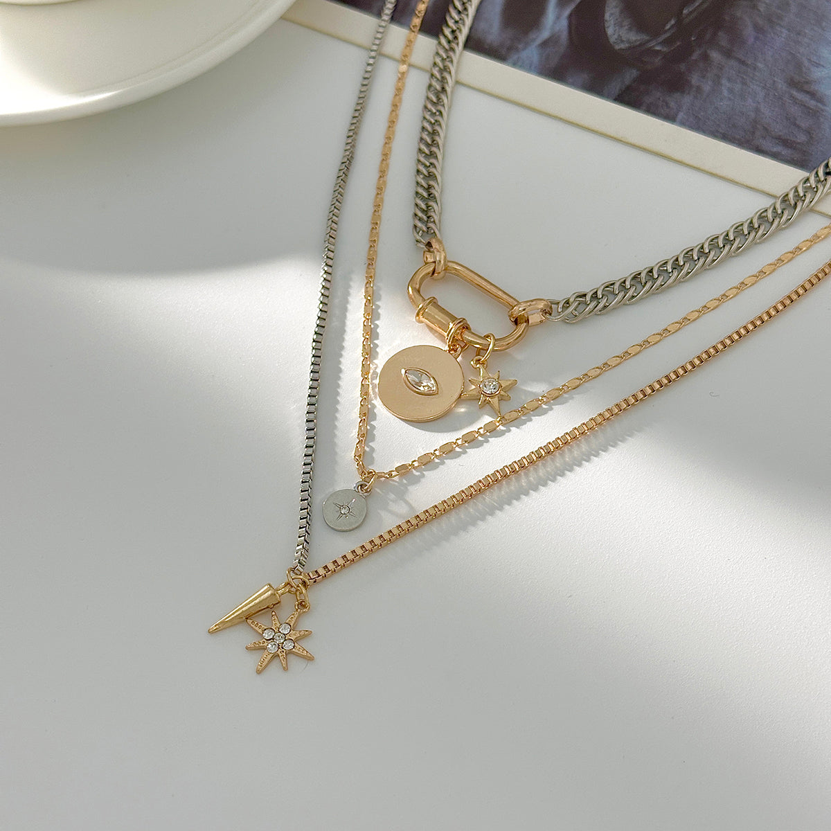 Cubic Zirconia and Two Tone Eye Star Pendant Layered Necklace, elegant gift for her, detail close-up