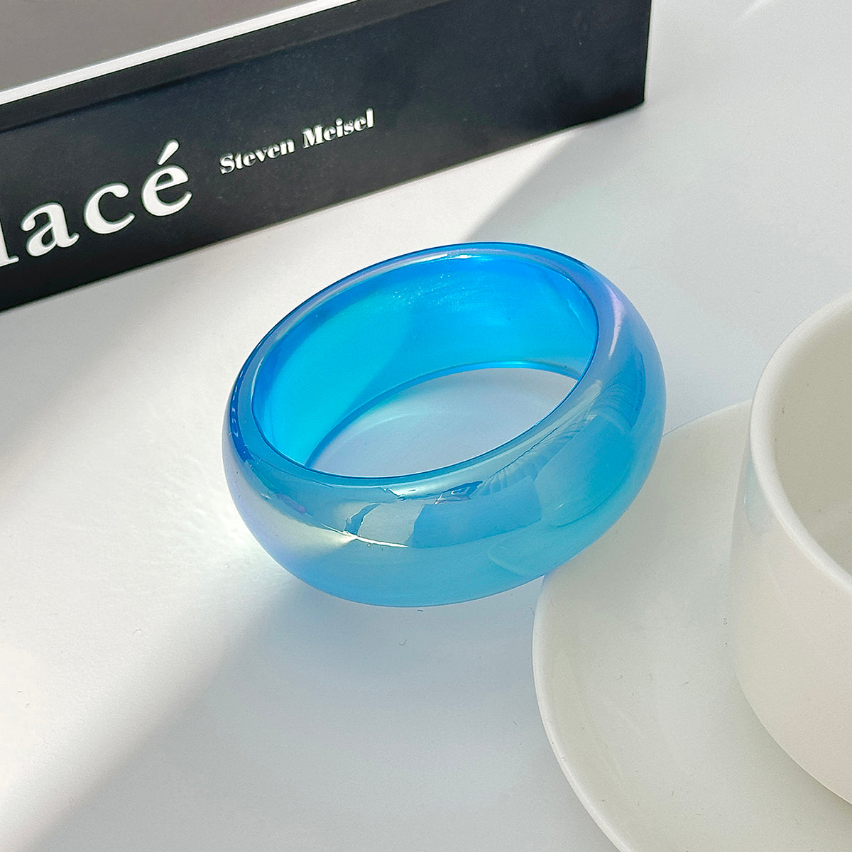 Iridescent and Blue Resin Bangle, bangle bracelet, elegant gift for her, side view