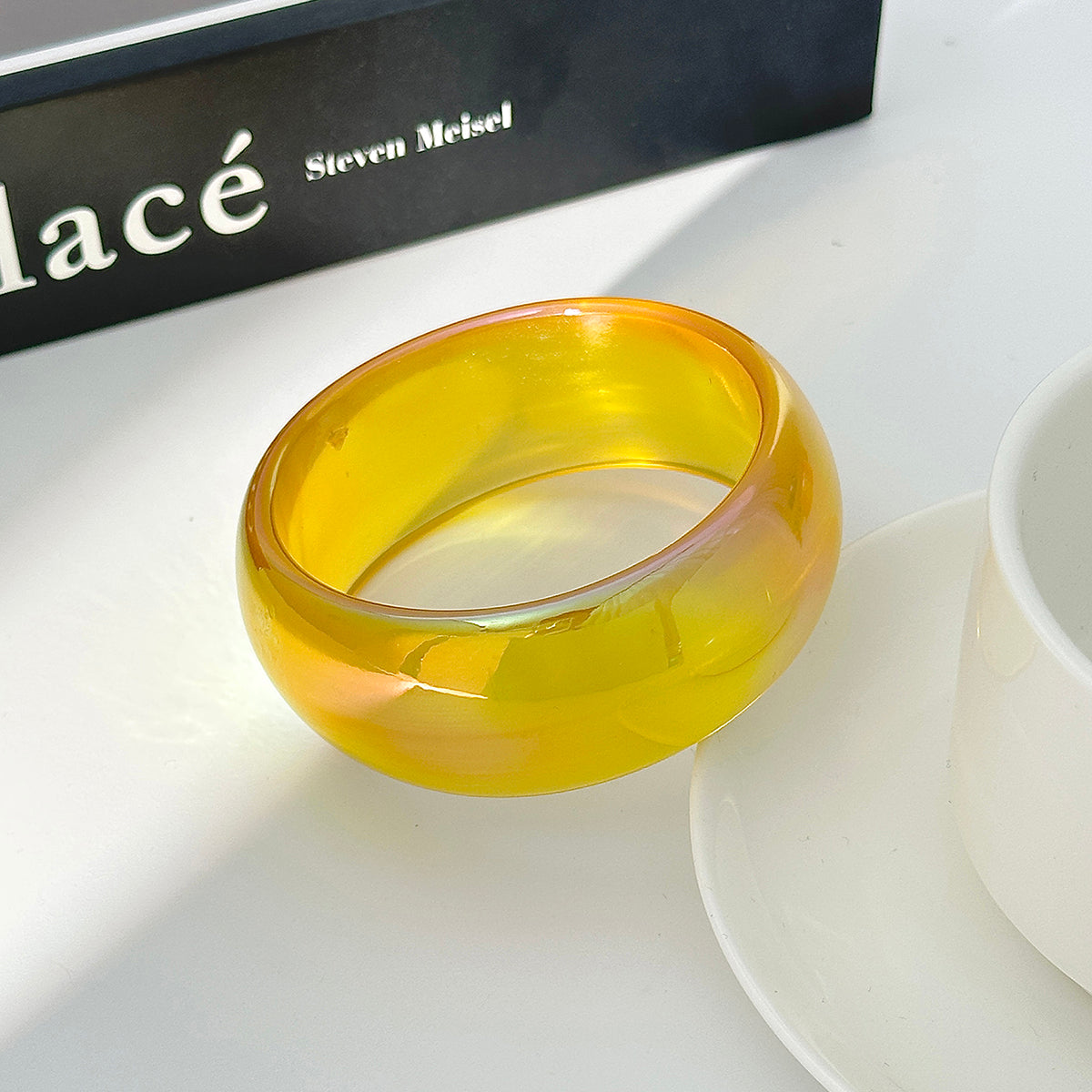 Iridescent and Yellow Resin Bangle, bangle bracelet, botanical inspired, side view