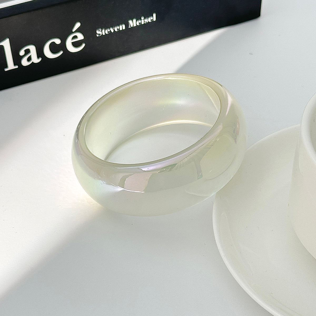 Iridescent Resin Bangle, bangle bracelet, dainty minimalist design, side view