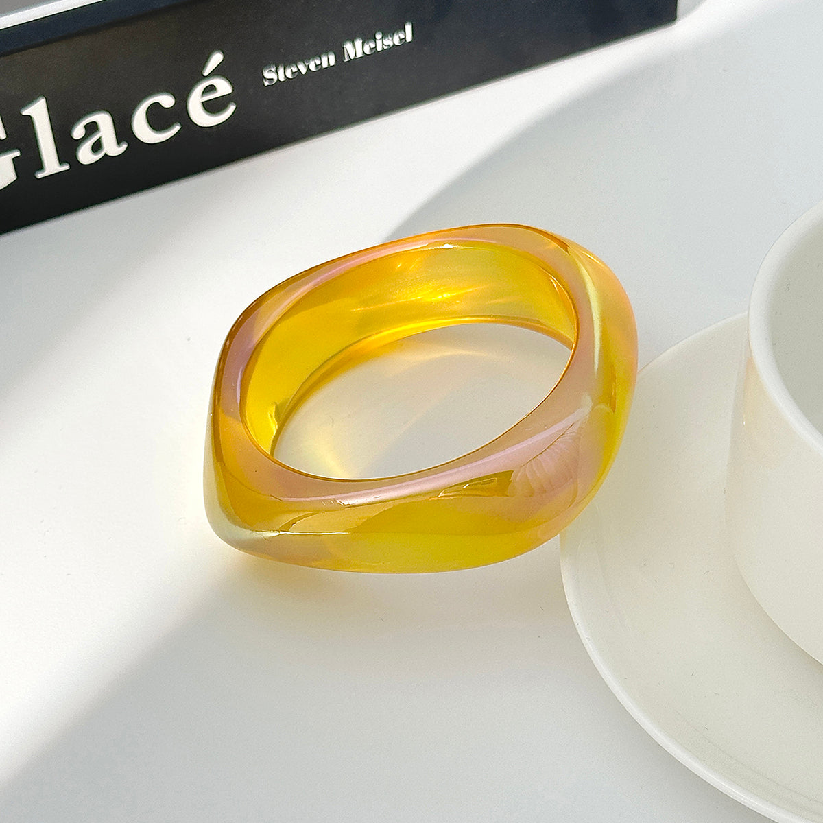 Iridescent and Yellow Resin Uneven Bangle, bangle bracelet, vintage-inspired design, side view