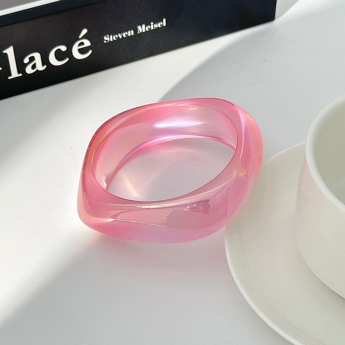 Iridescent and Pink Resin Uneven Bangle, bangle bracelet, elegant gift for her, side view