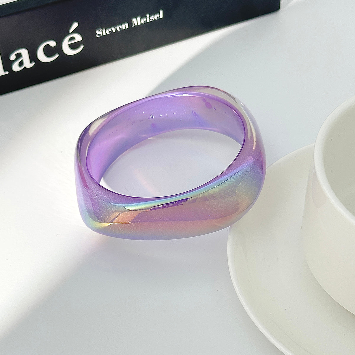 Iridescent and Purple Resin Uneven Bangle, bangle bracelet, vintage-inspired design, side view