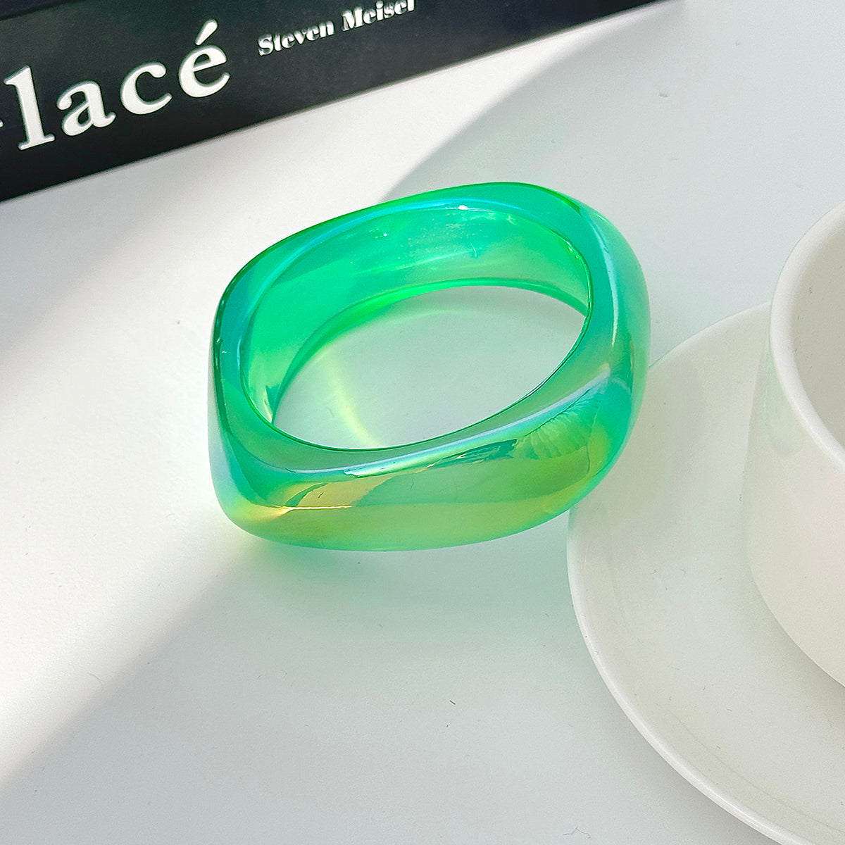 Iridescent and Green Resin Uneven Bangle, bangle bracelet, everyday style, side view