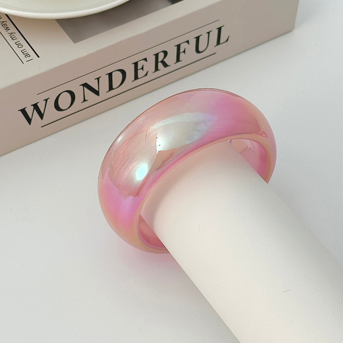 Iridescent and Pink Resin Bangle, bangle bracelet, dainty minimalist design, detail close-up