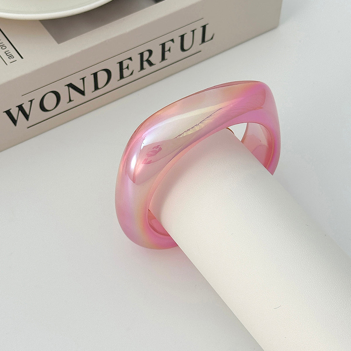 Iridescent and Pink Resin Uneven Bangle, bangle bracelet, elegant gift for her, detail close-up