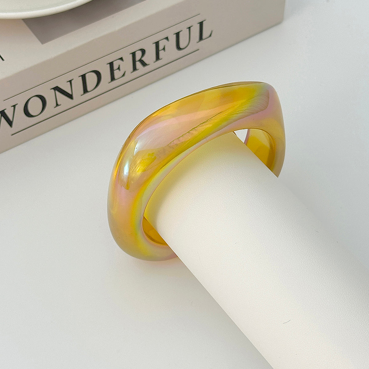 Iridescent and Yellow Resin Uneven Bangle, bangle bracelet, vintage-inspired design, detail close-up