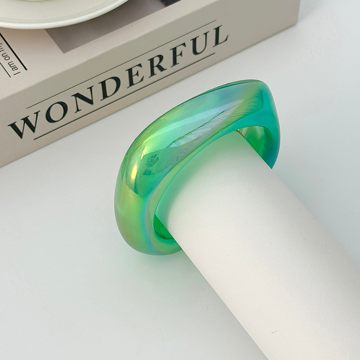 Iridescent and Green Resin Uneven Bangle, bangle bracelet, everyday style, detail close-up