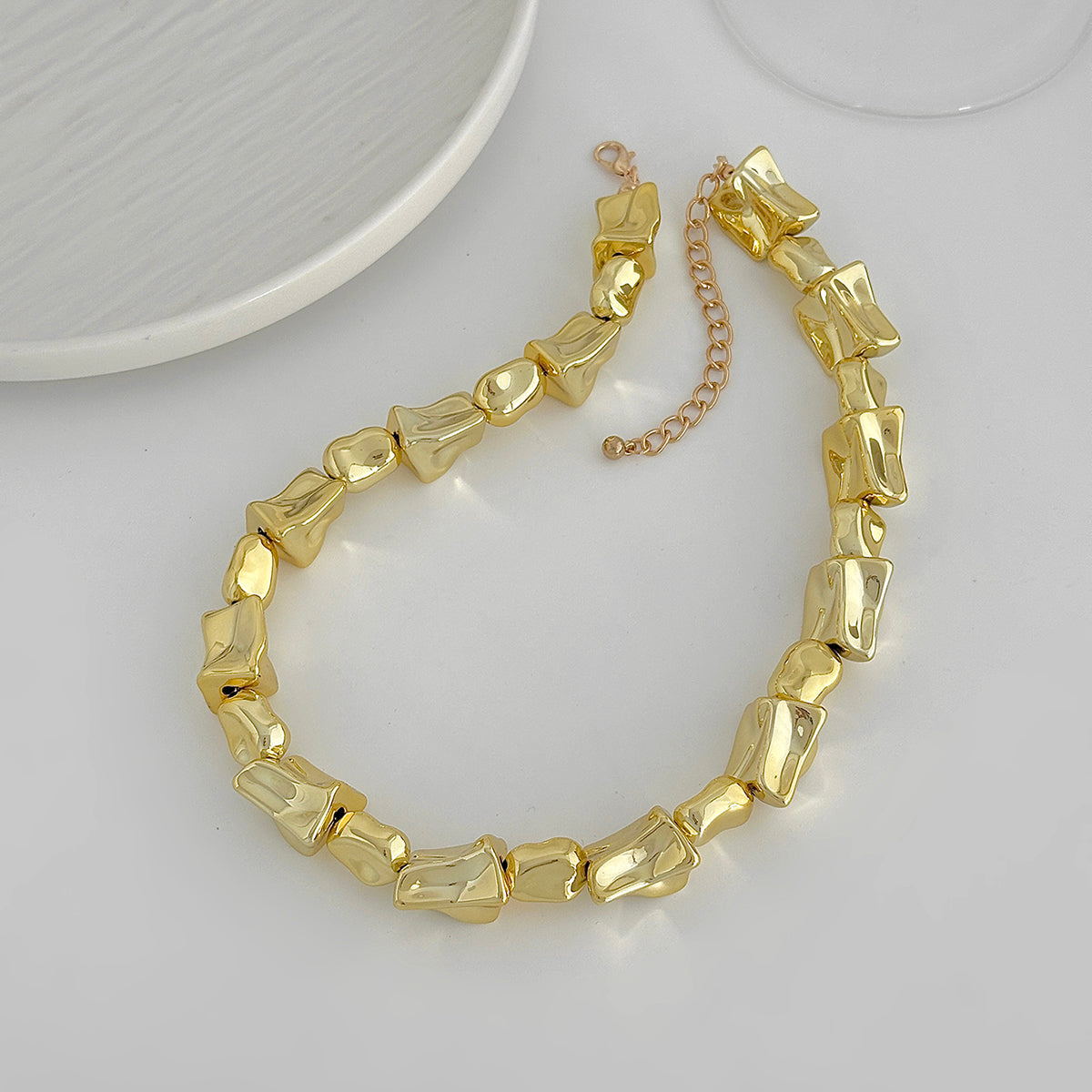 Goldtone Ice Cube Chain Collar Necklace, dainty minimalist design, side view