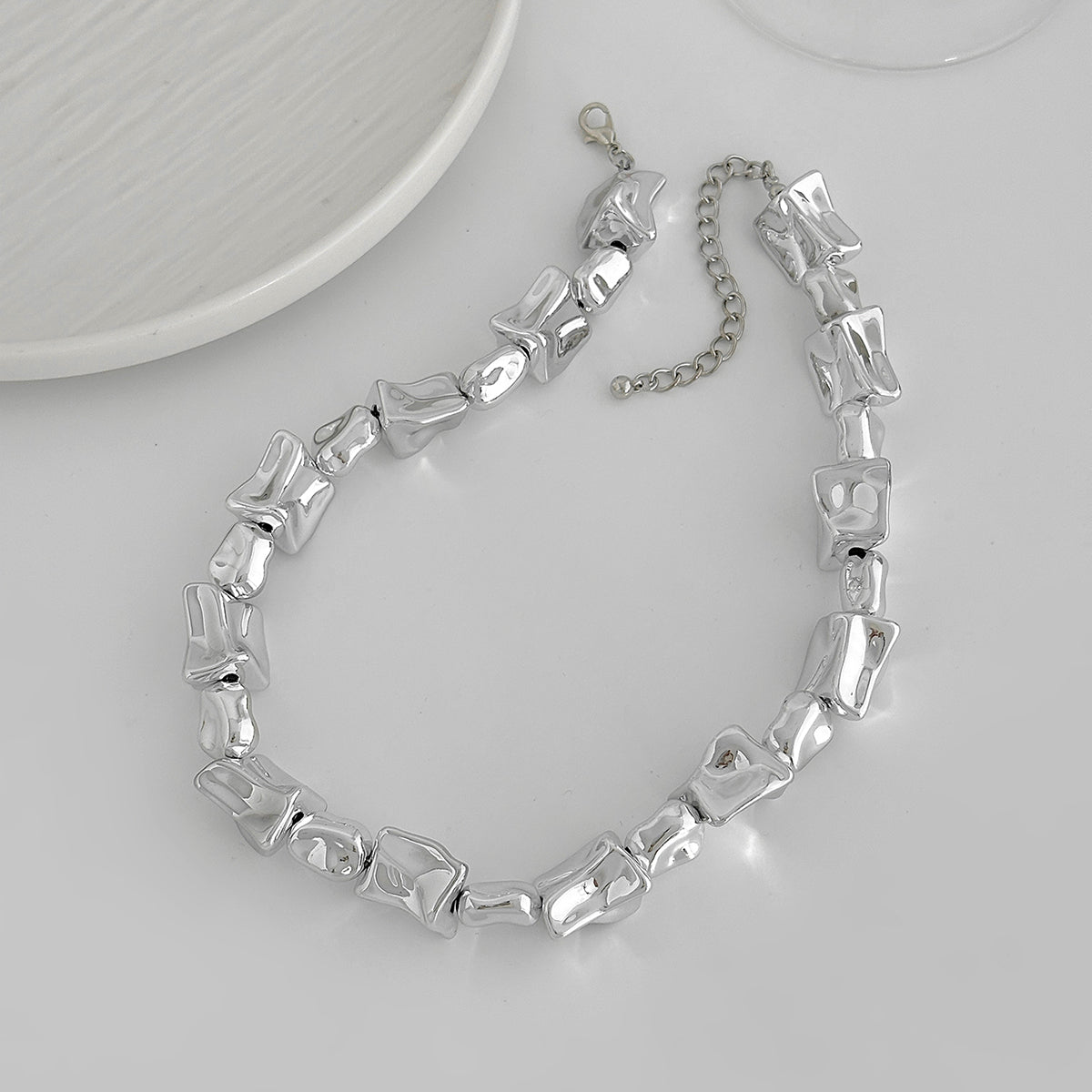 Silvertone Ice Cube Chain Collar Necklace, dainty minimalist design, side view