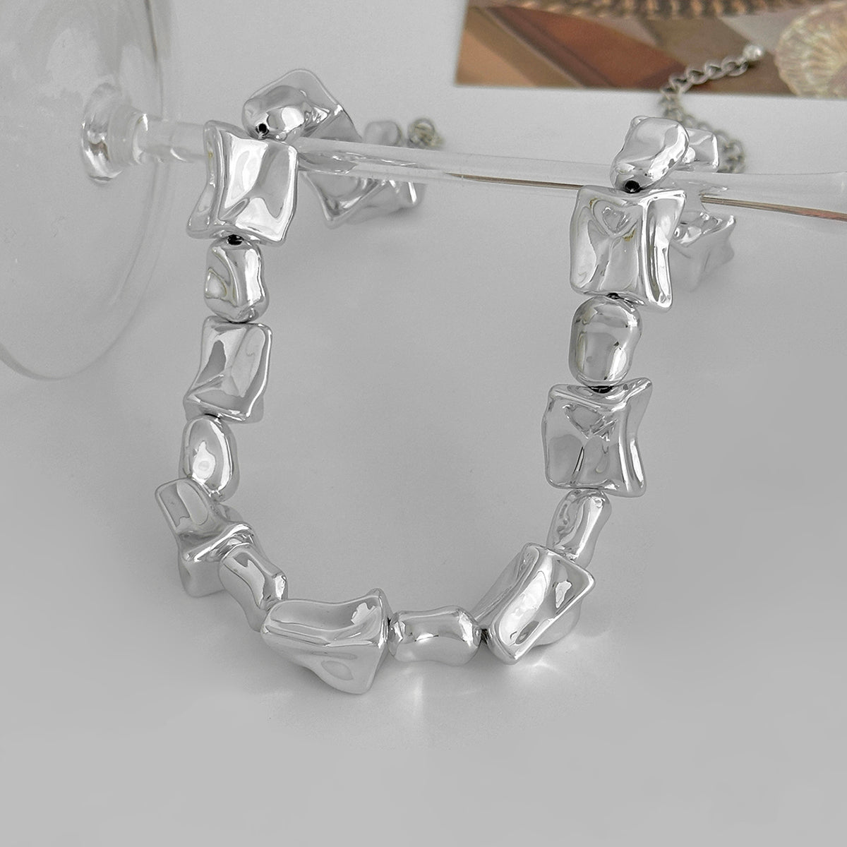 Silvertone Ice Cube Chain Collar Necklace, dainty minimalist design, detail close-up