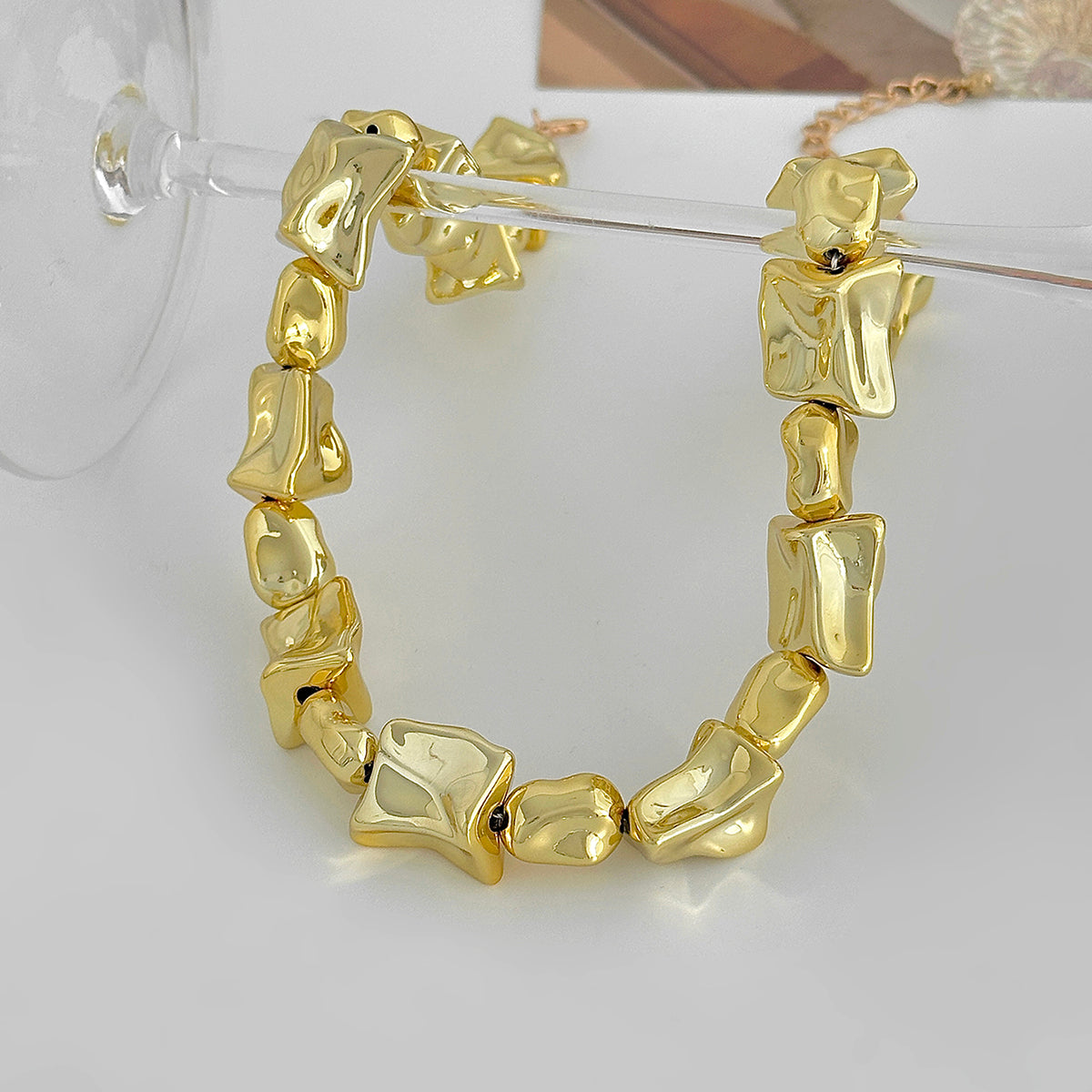 Goldtone Ice Cube Chain Collar Necklace, dainty minimalist design, detail close-up
