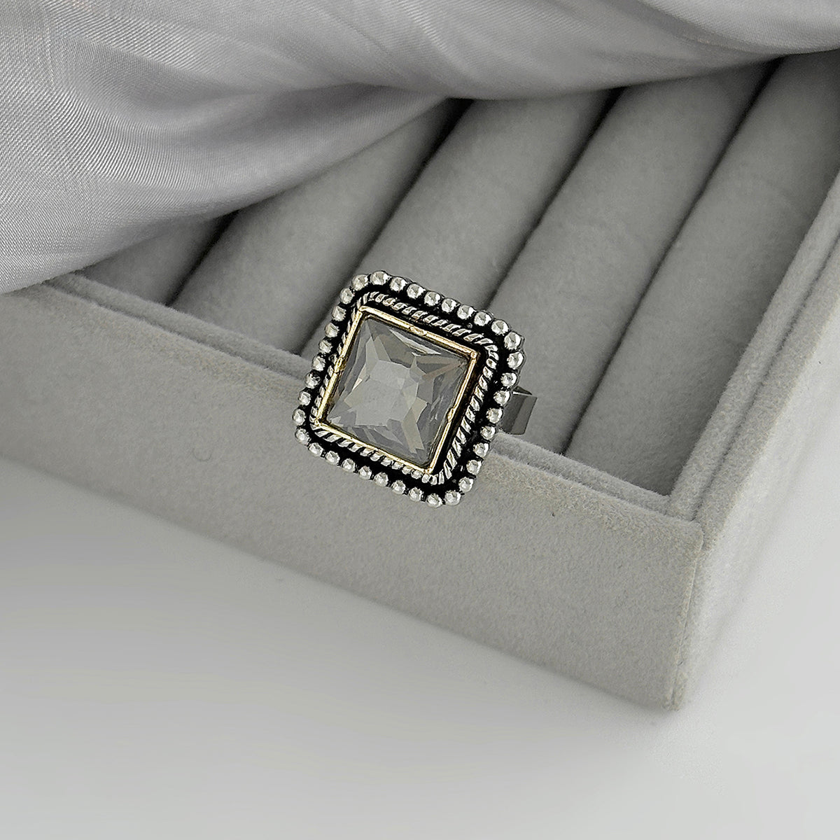 Crystal and Silvertone Radiant-Cut Twine Square Open Ring, everyday style, detail close-up