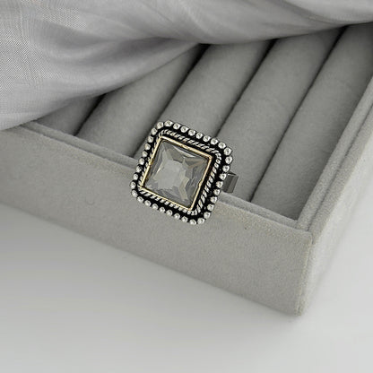 Crystal and Silvertone Radiant-Cut Twine Square Open Ring, everyday style, detail close-up