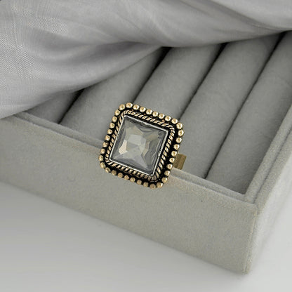 Crystal and Goldtone Radiant-Cut Twine Square Open Ring, elegant gift for her, detail close-up