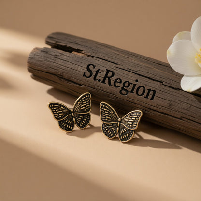 18K Gold-Plated Oxidized Butterfly Stud Earring, gold stud earrings for women, botanical inspired, front view