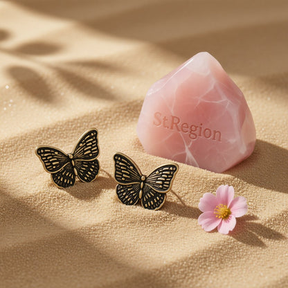 18K Gold-Plated Oxidized Butterfly Stud Earring, gold stud earrings for women, botanical inspired, detail close-up