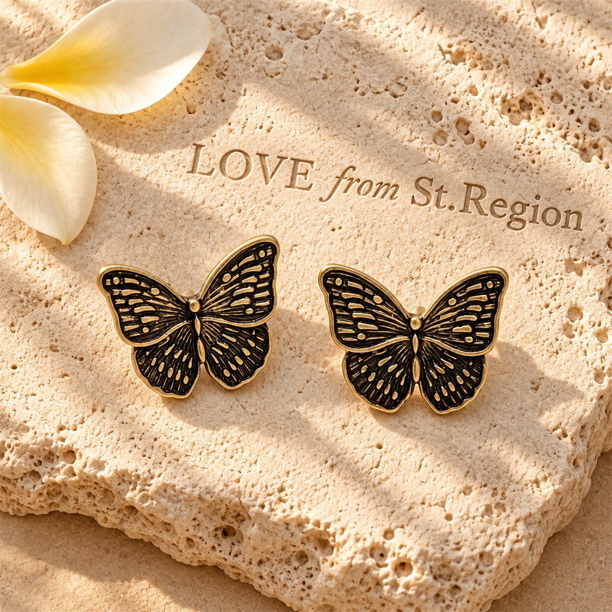18K Gold-Plated Oxidized Butterfly Stud Earring, gold stud earrings for women, botanical inspired, lifestyle look