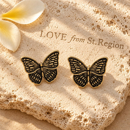 18K Gold-Plated Oxidized Butterfly Stud Earring, gold stud earrings for women, botanical inspired, lifestyle look