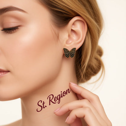 18K Gold-Plated Oxidized Butterfly Stud Earring, gold stud earrings for women, botanical inspired, styled look