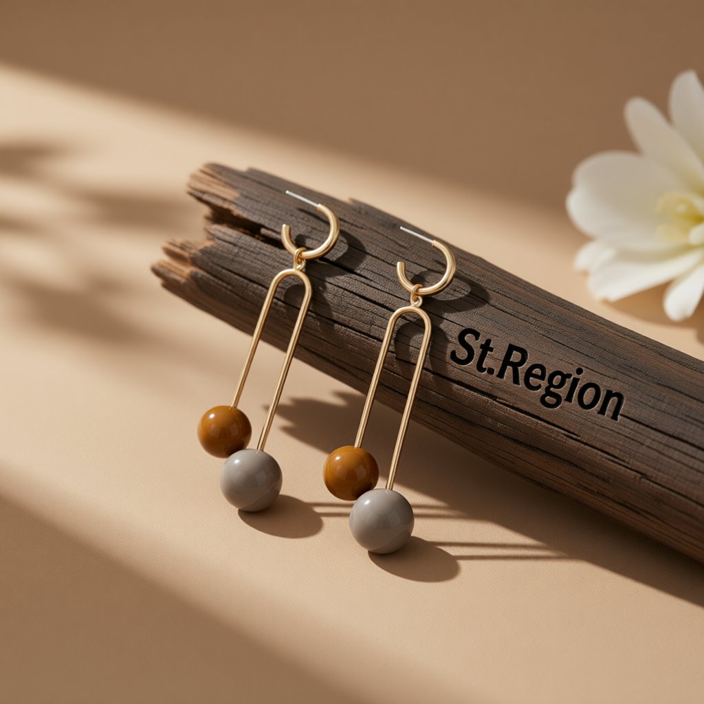 Brown Resin and 18K Gold-Plated Sphere Drop Earrings, gold huggie earrings, elegant gift for her, front view