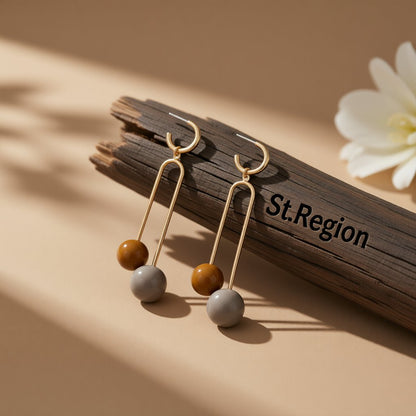 Brown Resin and 18K Gold-Plated Sphere Drop Earrings, gold huggie earrings, elegant gift for her, front view